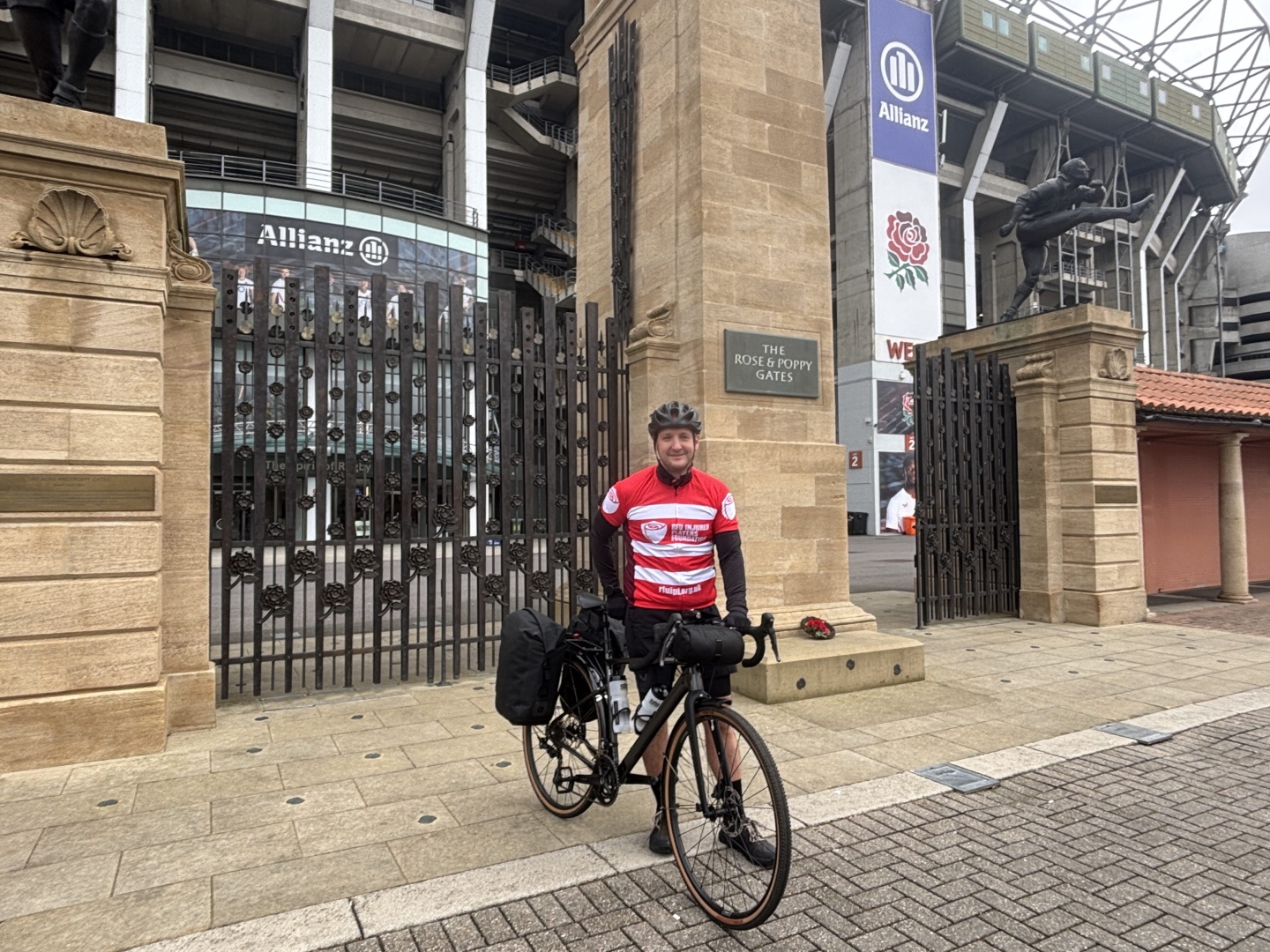 Nick Anderton at Allianz Stadium Twickenham before his 200 mile fundraising cycle to Paris for the Injured Players Foundation