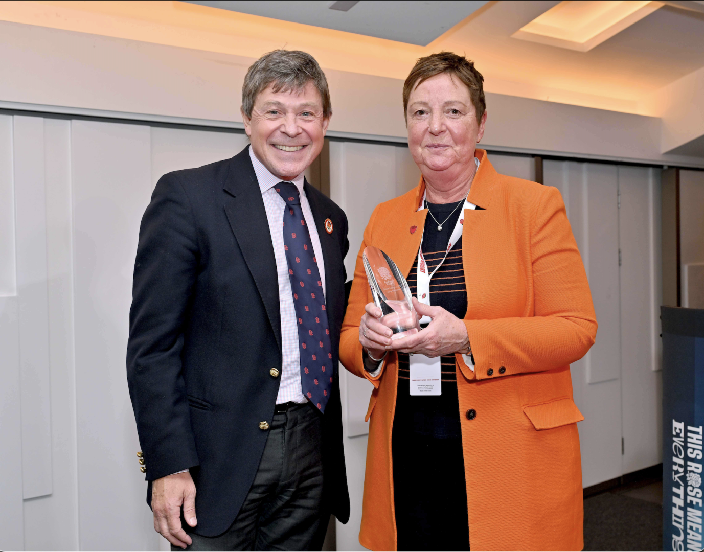 Stephen Pearson presents Judy Metcalfe with RFU Rose Award